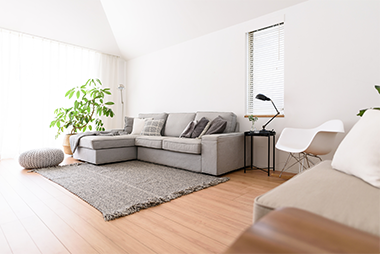 フローリングの広い部屋。リラックスできるソファがあり過ごしやすい部屋